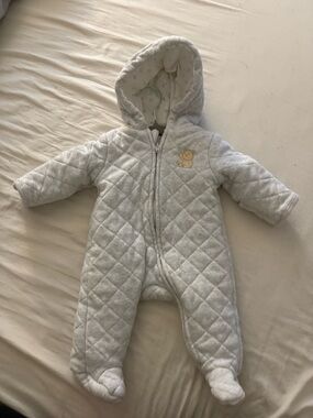 Little Me Quilted Hooded Footie in Light Gray with Bear Patch